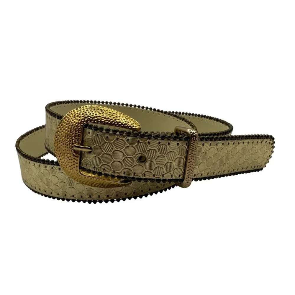 Gold Textured Belt Hammered Buckle Small Studded Edge Statement Belt Shiny Disco